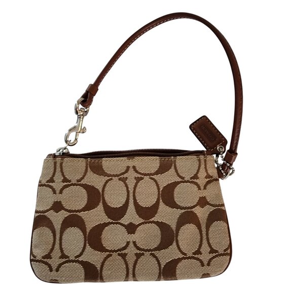 Coach Signature Wristlet Pouch Bag Brown & Beige - Picture 1 of 6